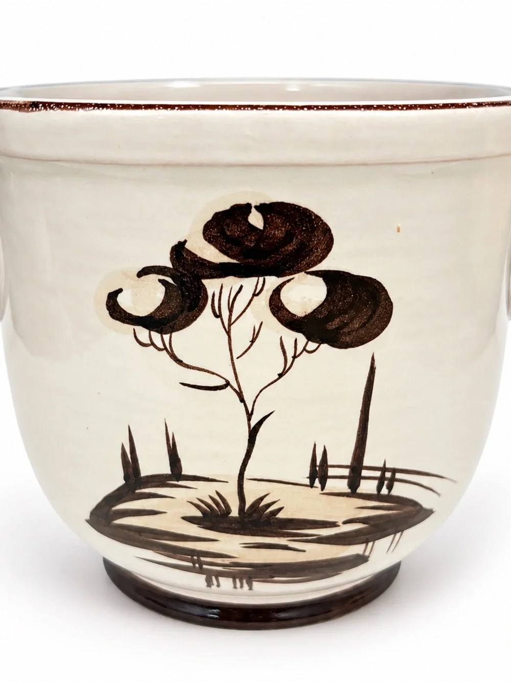 Vintage Hand Painted Ceramic Planter Brown Scenic Cottagecore Pottery